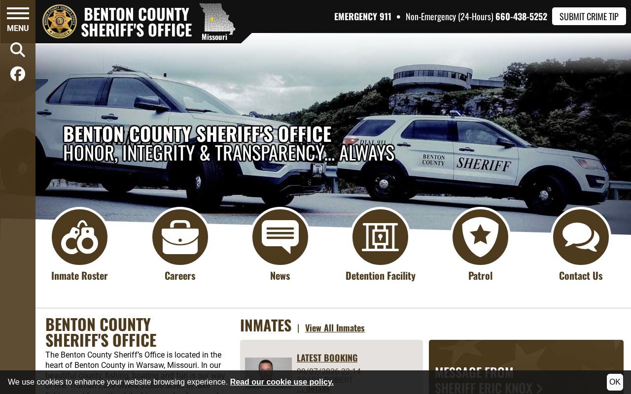 Benton County Sheriff homepage with latest booking module and official navigation