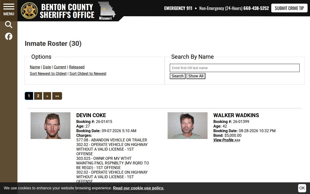 Benton County inmate roster search, sort, and current-custody controls