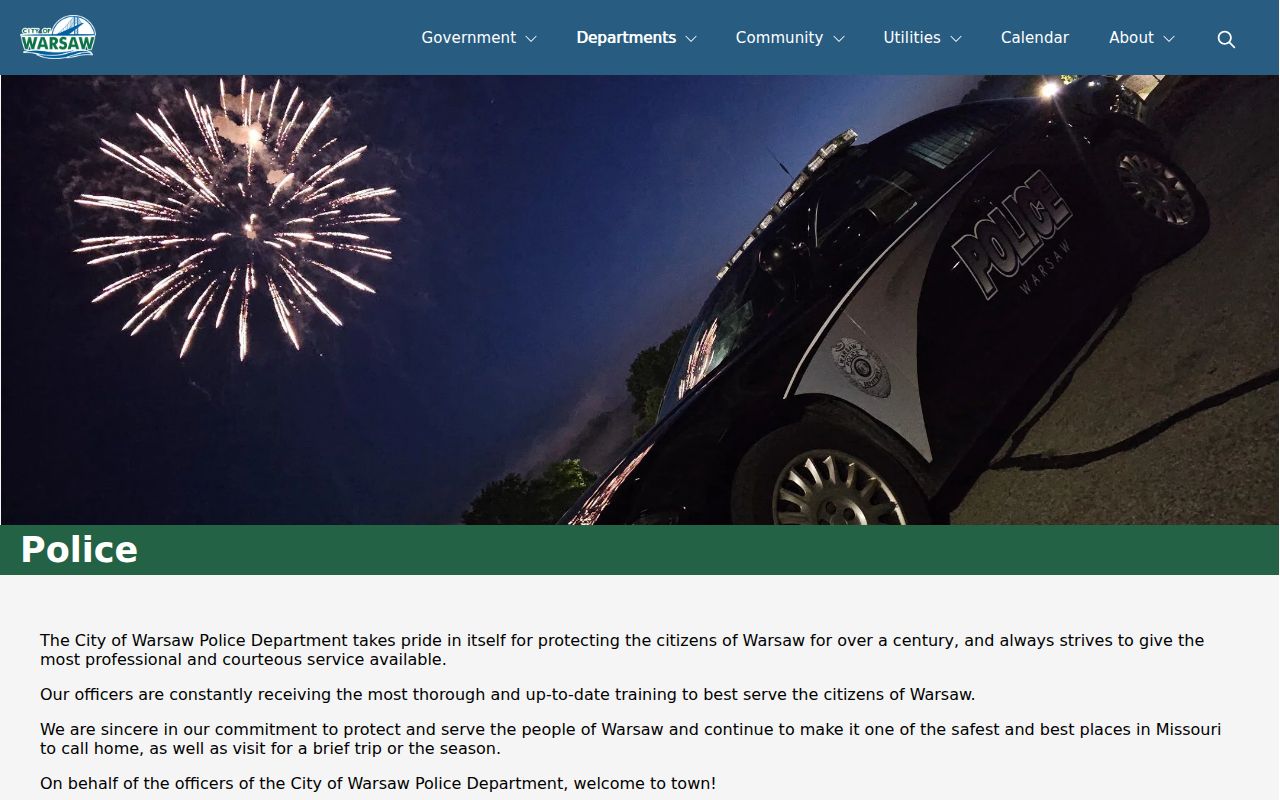 Official Warsaw Police Department page describing city police and Benton County Central Dispatch