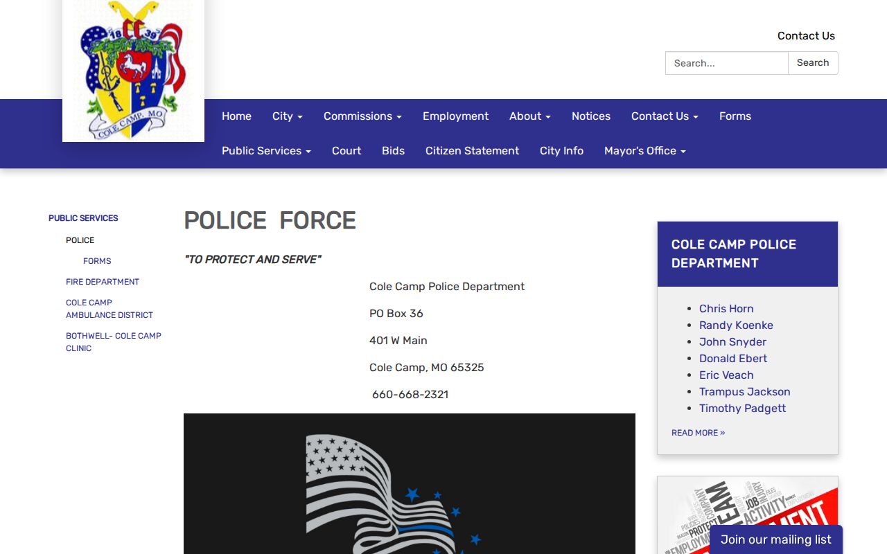 Official Cole Camp Police Force page with department contacts, personnel, and Facebook link