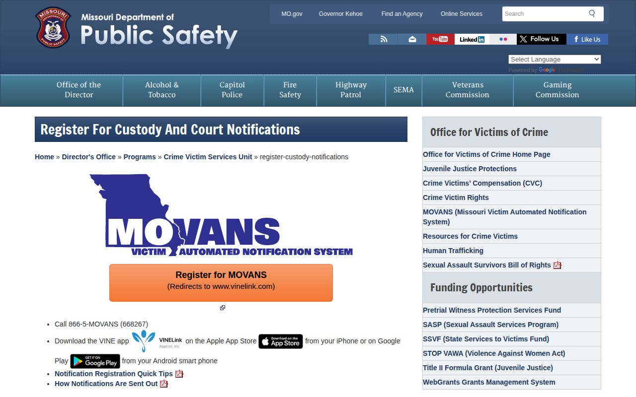 Missouri VINE custody registration guidance for Benton County arrests