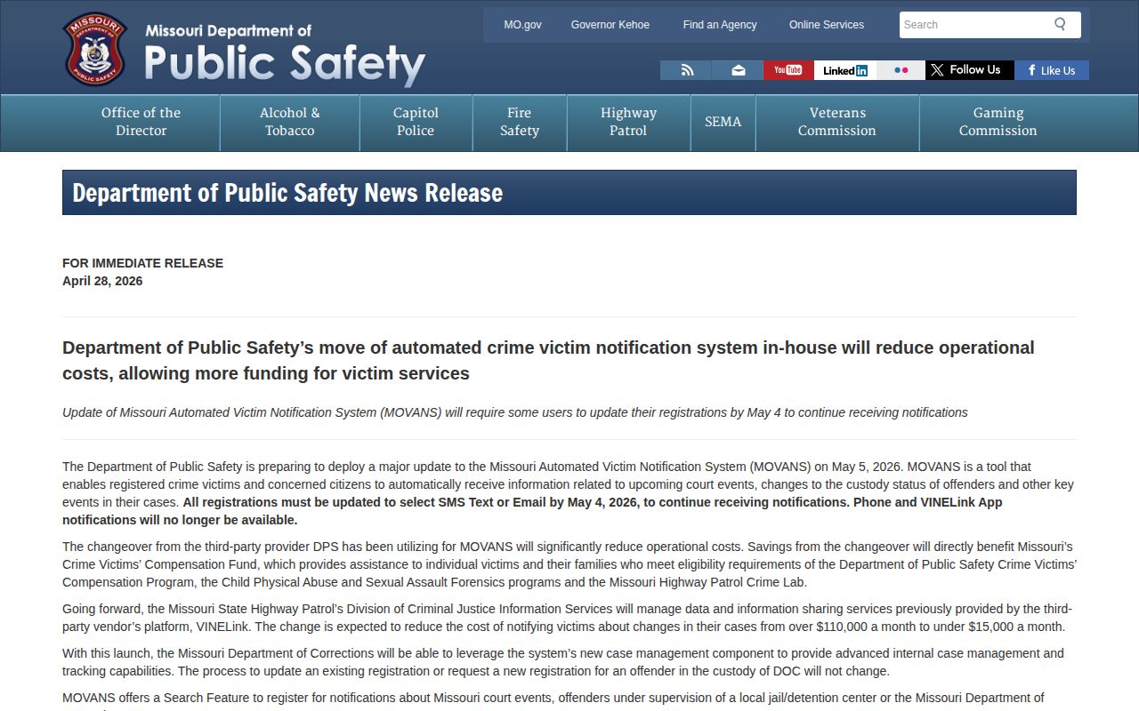 Missouri VINE and MOVANS alert transition notice for Benton County custody checks