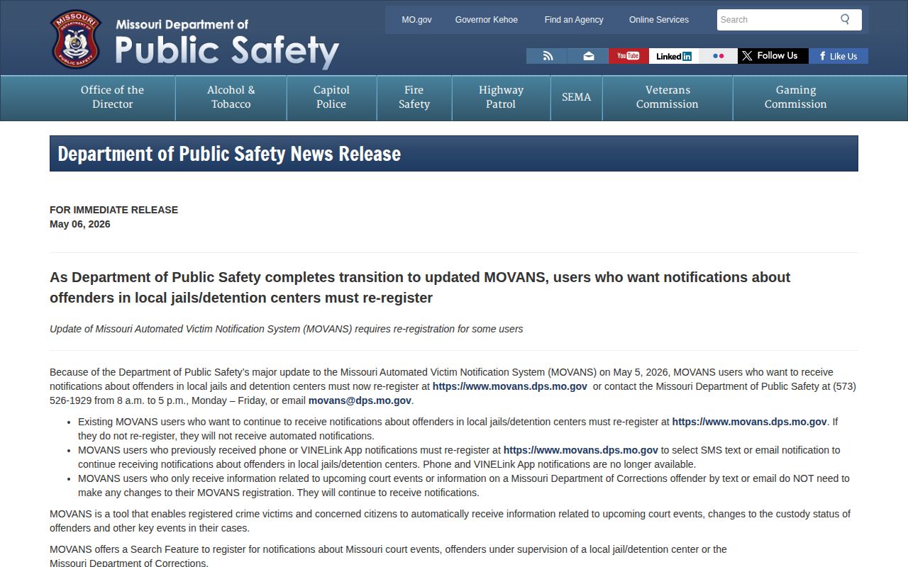 Missouri MOVANS new custody alert registration notice for Benton County