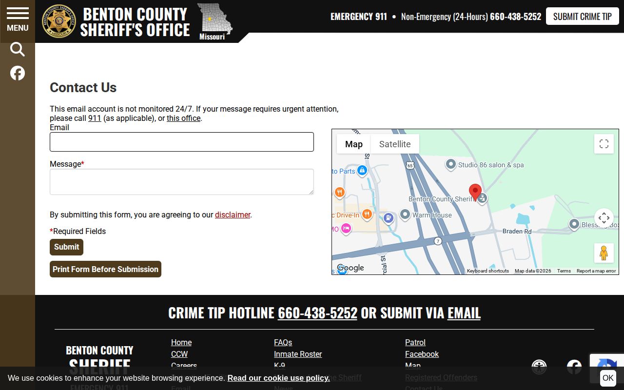 Benton County Sheriff contact form, office hours, and contact warning